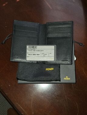 Fendi Black Leather Card Holder with Gold Logo Accents